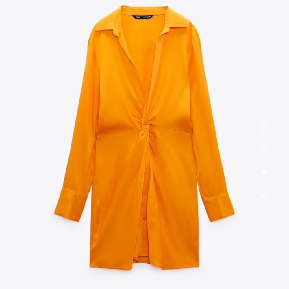 Zara Women Satin Long Sleeve Short V Neck Dress in Orange